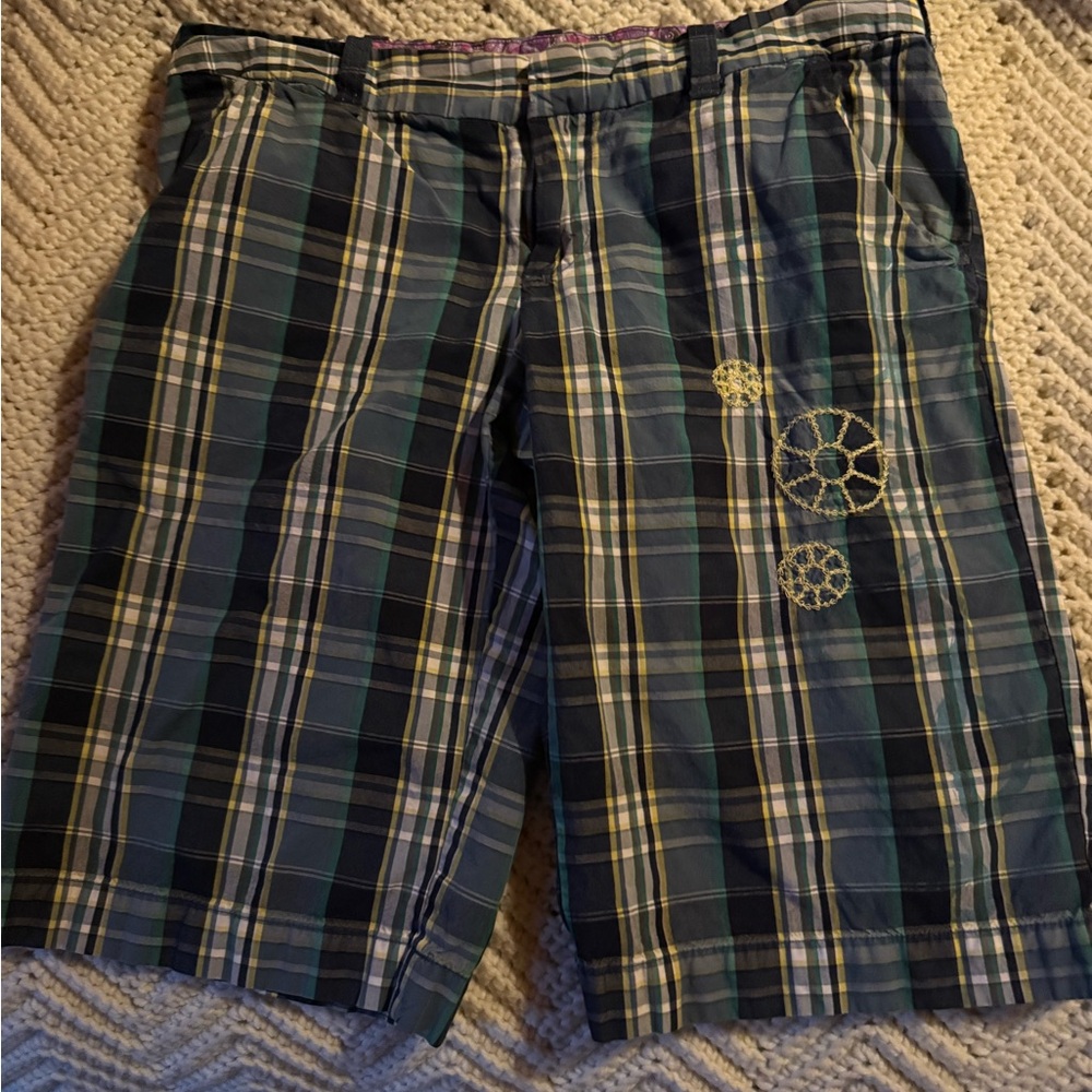 Old Navy Teal-Trim Navy & Green Plaid Shirt embroidered on front cute!